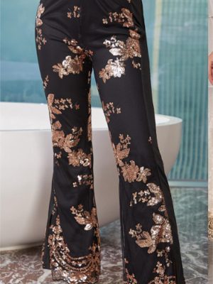 Socialite Sequin Embroidered Slim Fit Slit Flared Pants Women