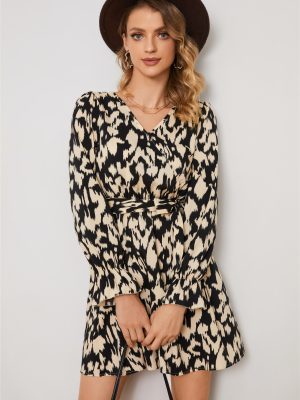 Leopard Print Floral Waist Long Sleeve Dress