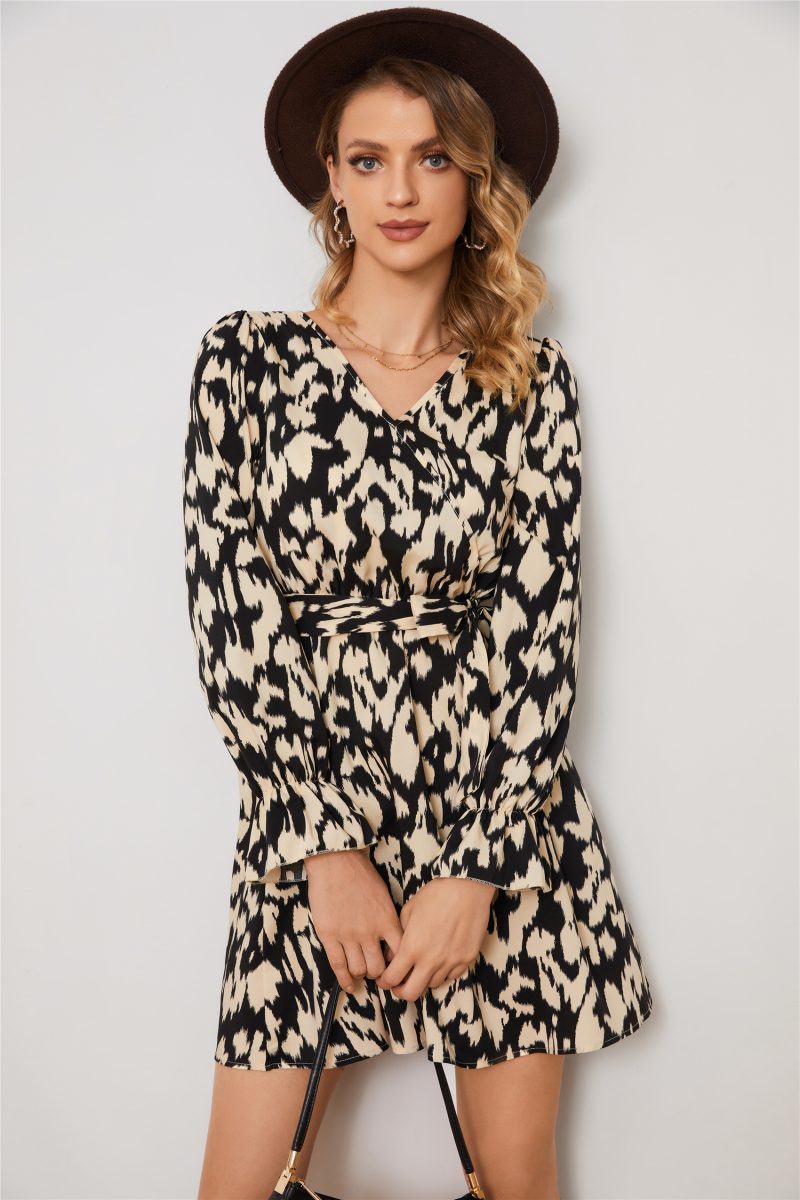 Leopard Print Floral Waist Long Sleeve Dress