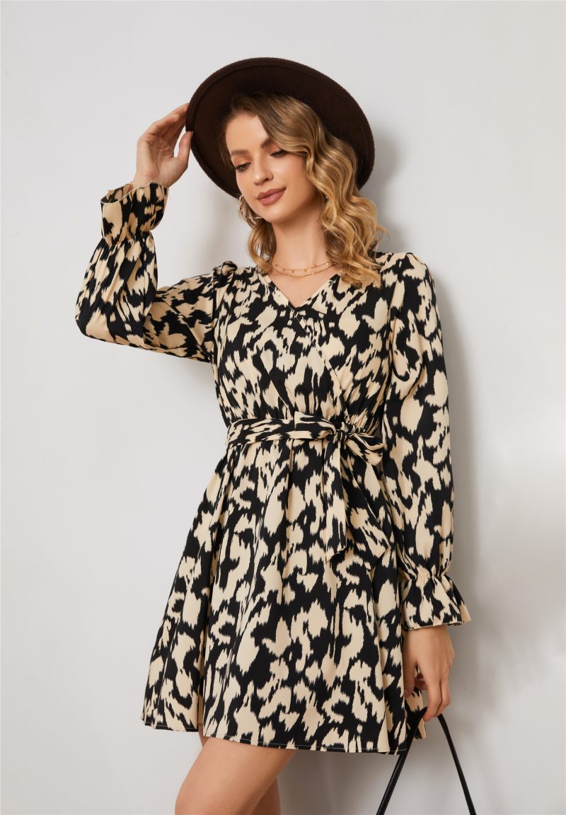 Leopard Print Floral Waist Long Sleeve Dress - Image 3