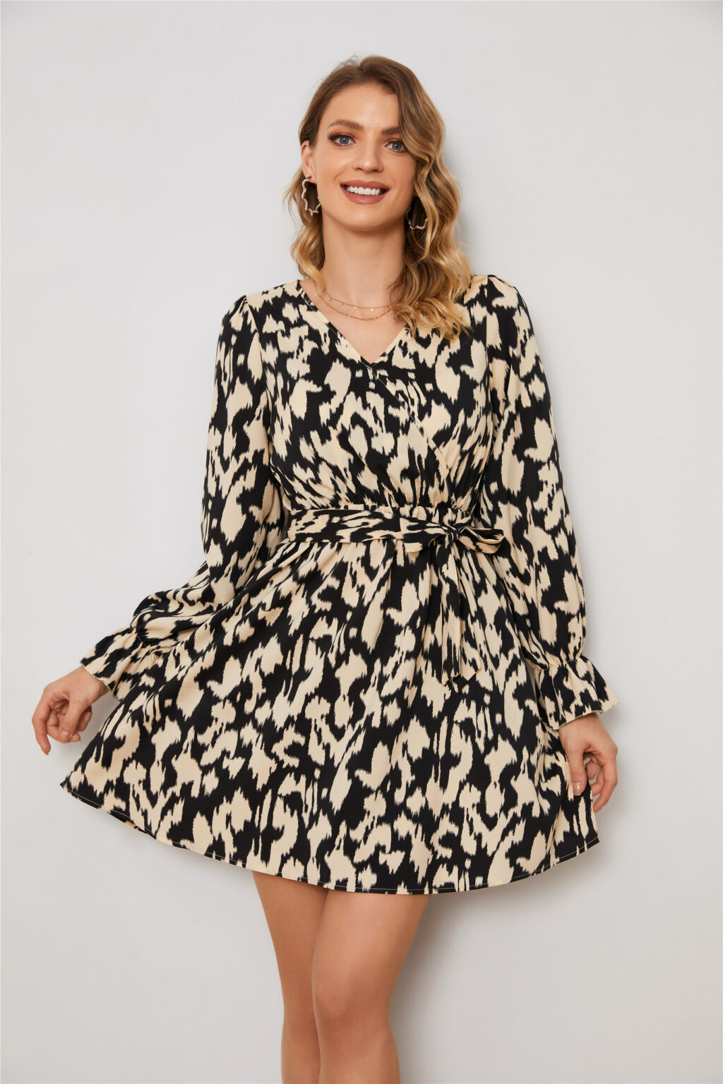 Leopard Print Floral Waist Long Sleeve Dress - Image 4