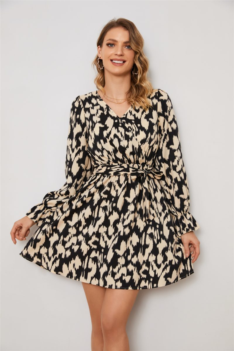 Leopard Print Floral Waist Long Sleeve Dress - Image 4