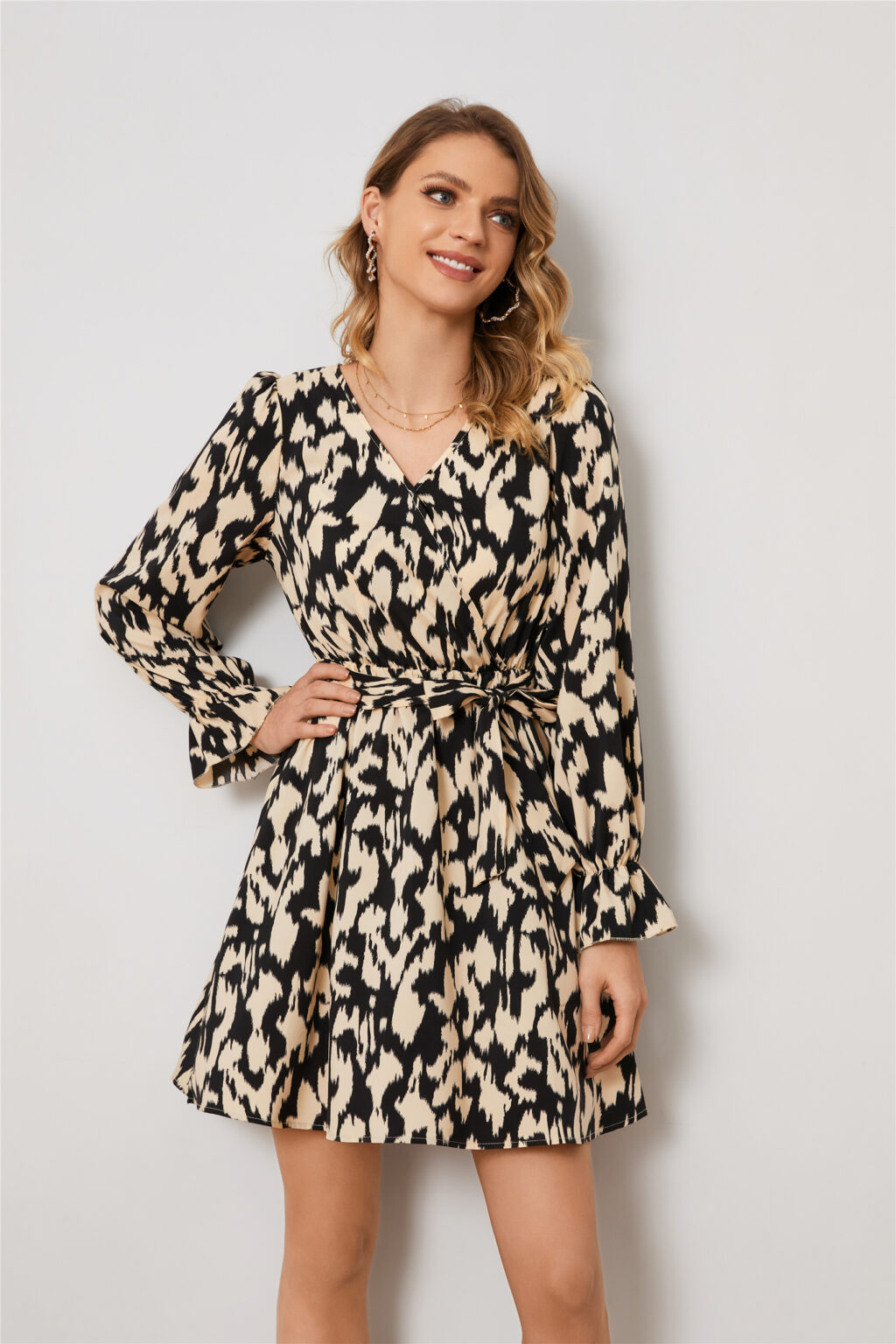 Leopard Print Floral Waist Long Sleeve Dress - Image 5