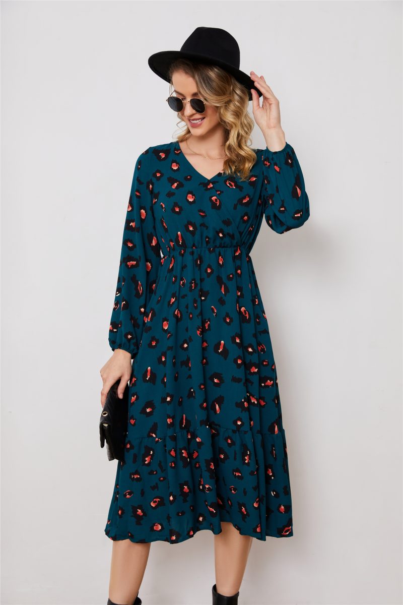 Long Sleeve V-Neck Printed Dress - Image 2