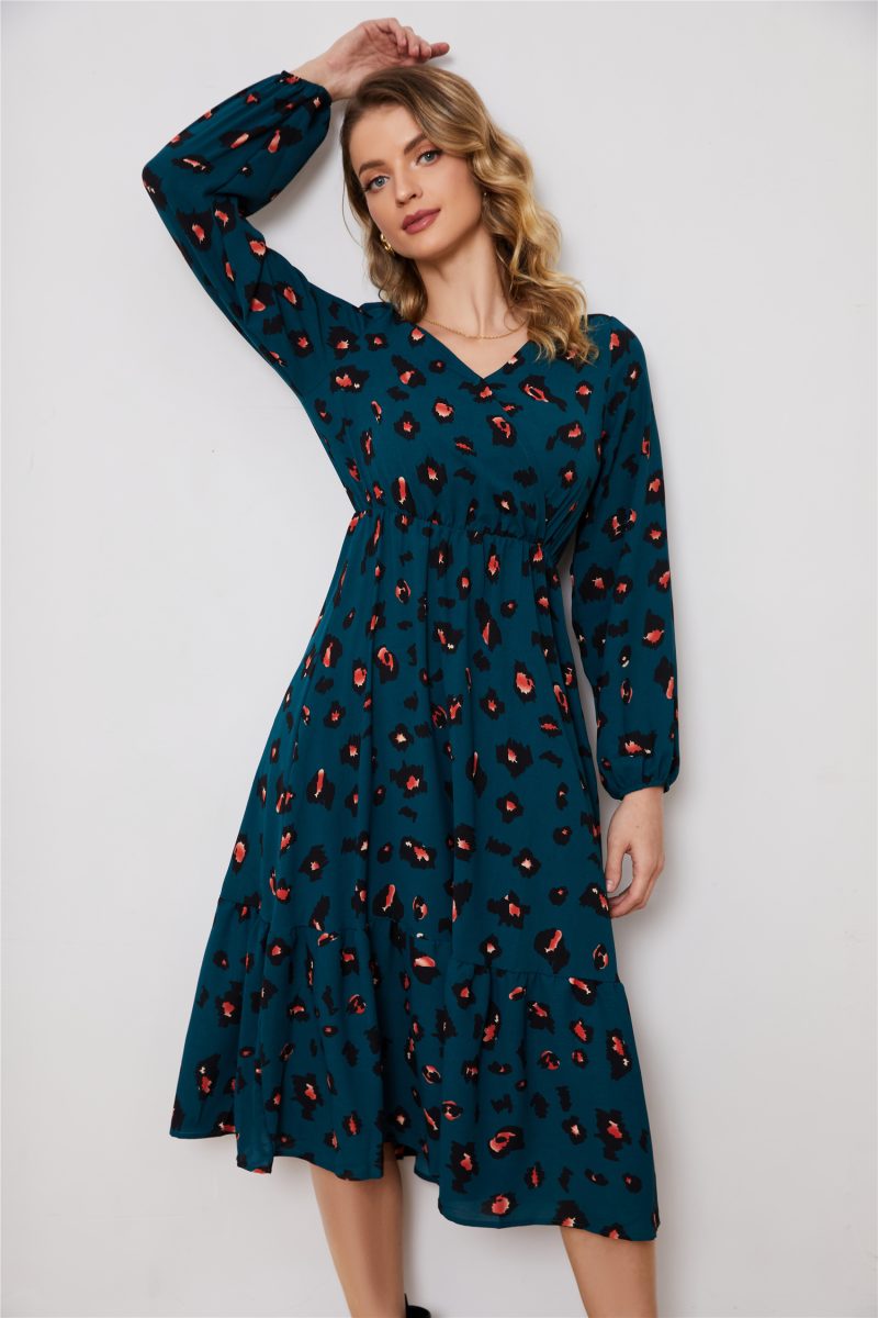 Long Sleeve V-Neck Printed Dress - Image 3