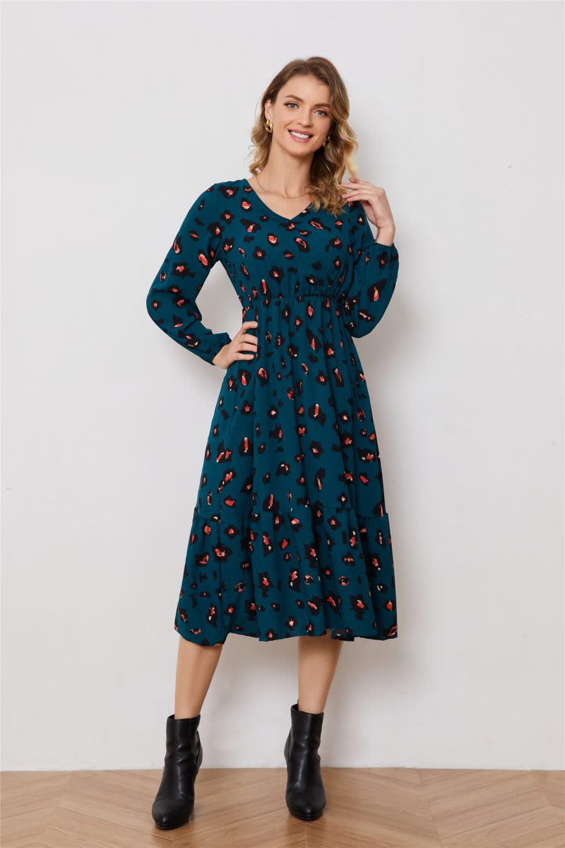 Long Sleeve V-Neck Printed Dress - Image 4