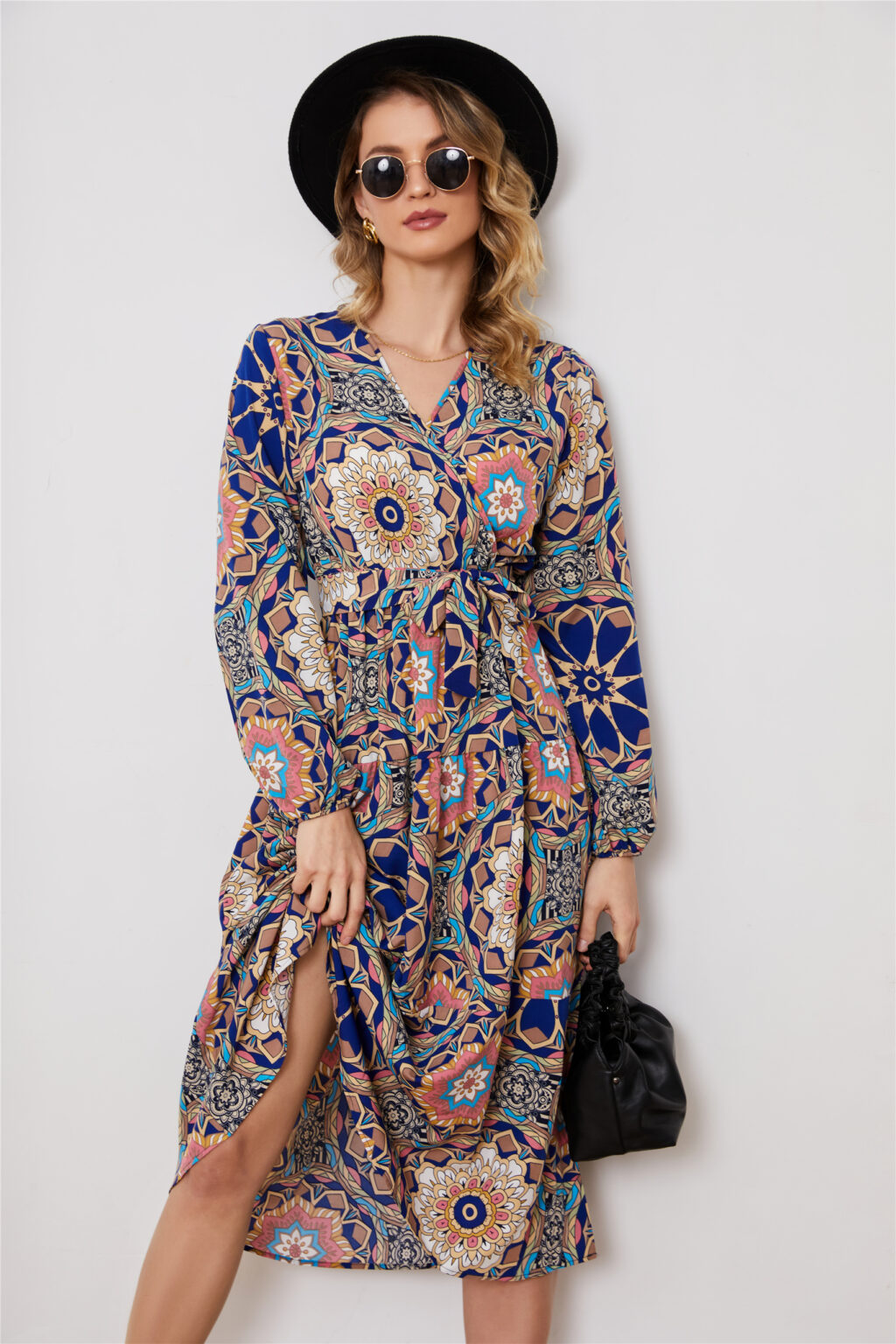 Long Sleeve V-Neck Printed Elegant Dress