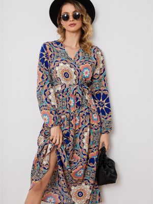 Long Sleeve V-Neck Printed Elegant Dress