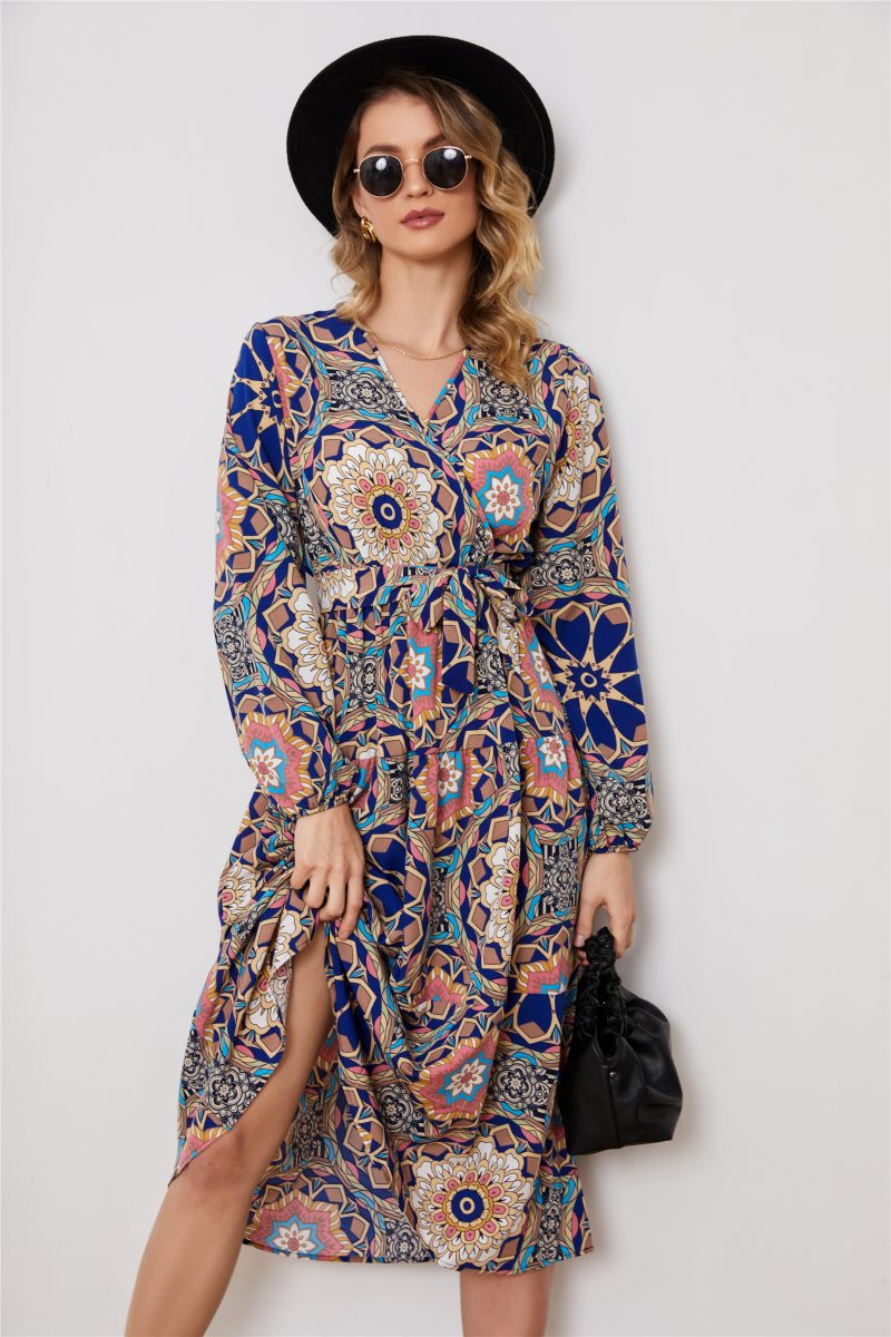 Long Sleeve V-Neck Printed Elegant Dress