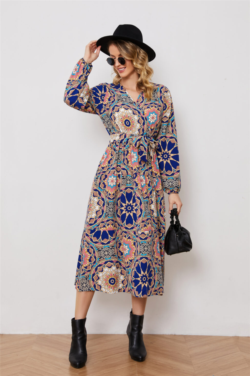 Long Sleeve V-Neck Printed Elegant Dress - Image 2