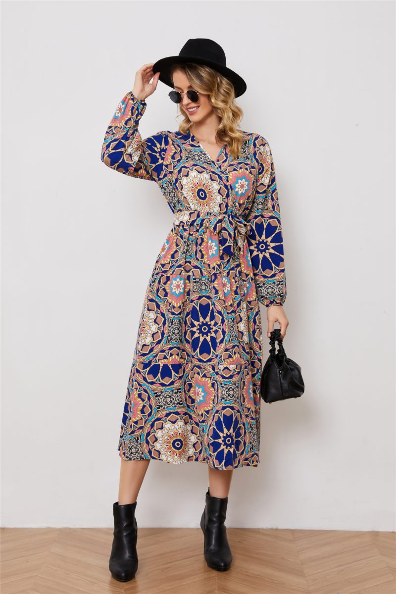 Long Sleeve V-Neck Printed Elegant Dress - Image 2