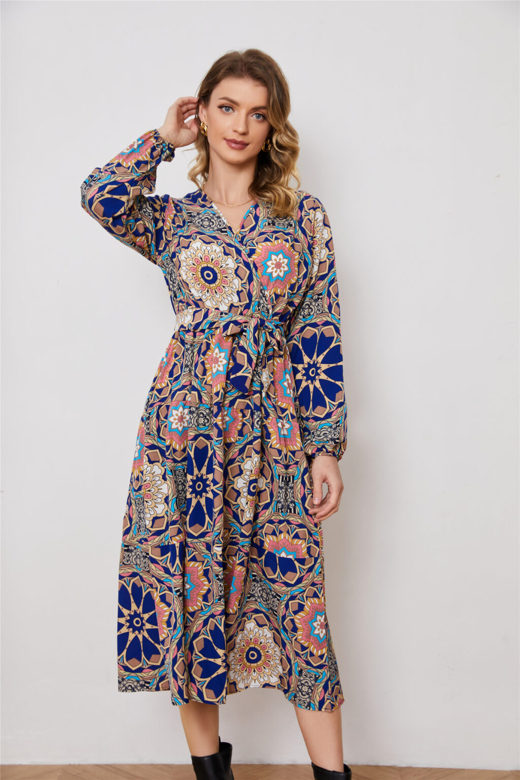 Long Sleeve V-Neck Printed Elegant Dress - Image 4