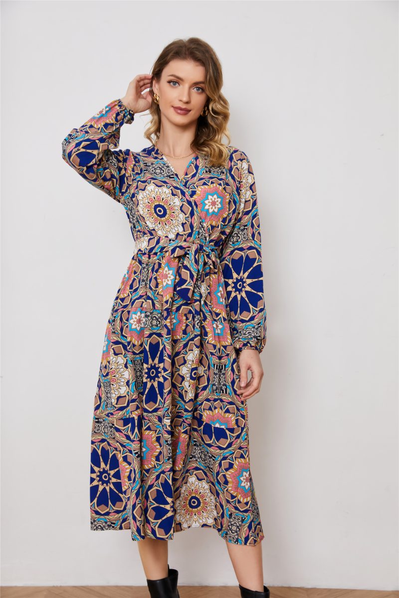 Long Sleeve V-Neck Printed Elegant Dress - Image 4
