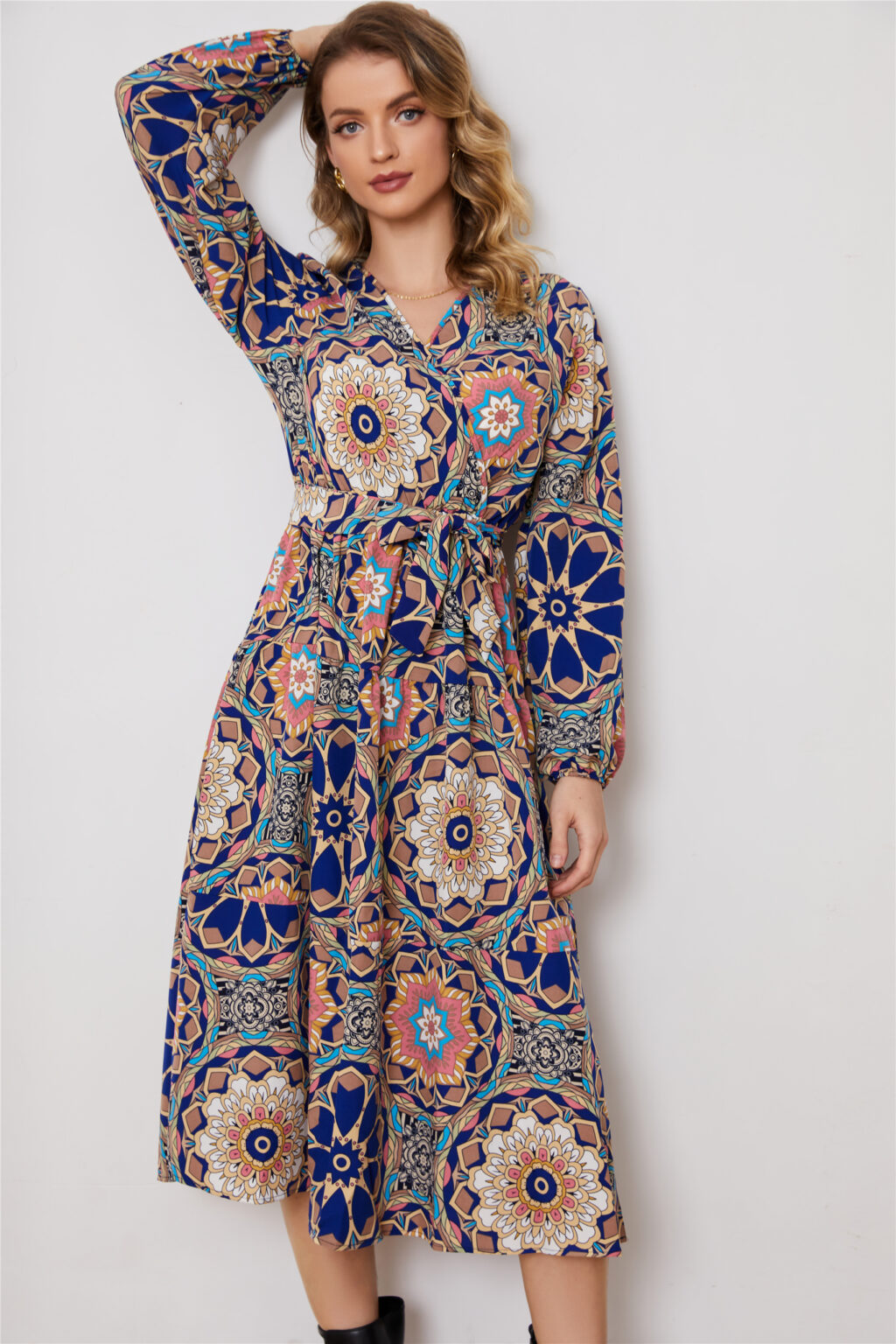 Long Sleeve V-Neck Printed Elegant Dress - Image 5