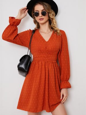 High Waist V-Neck Solid Color Short Dress