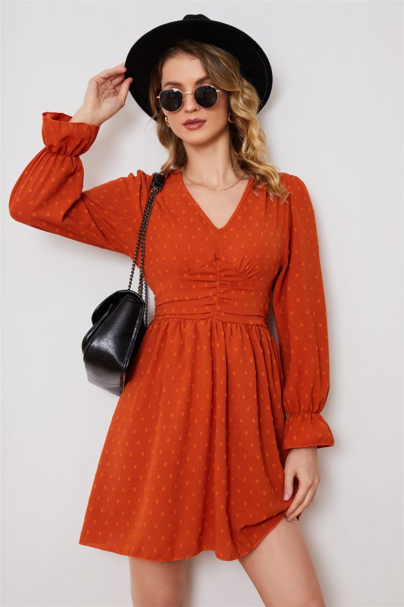High Waist V-Neck Solid Color Short Dress