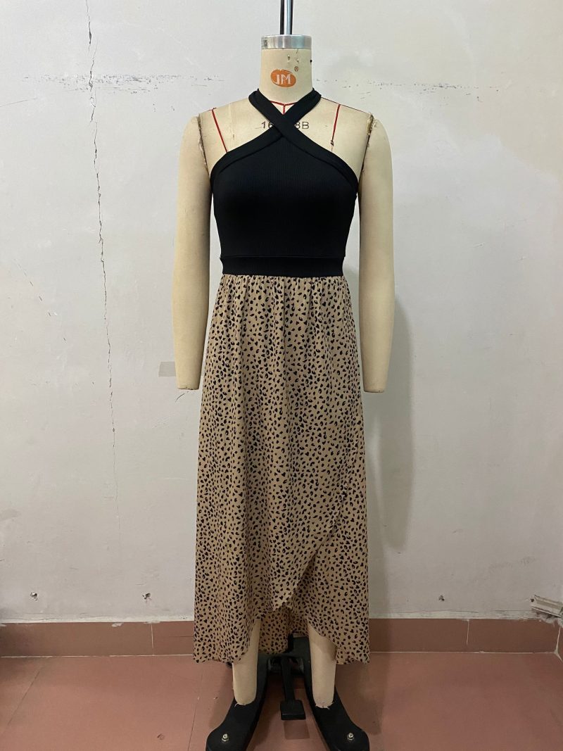 Summer Women Leopard Print Halter Irregular Asymmetric Slit Dress - Image 5