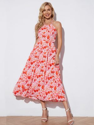 Boho Vacation Print Long Backless Halter Dress