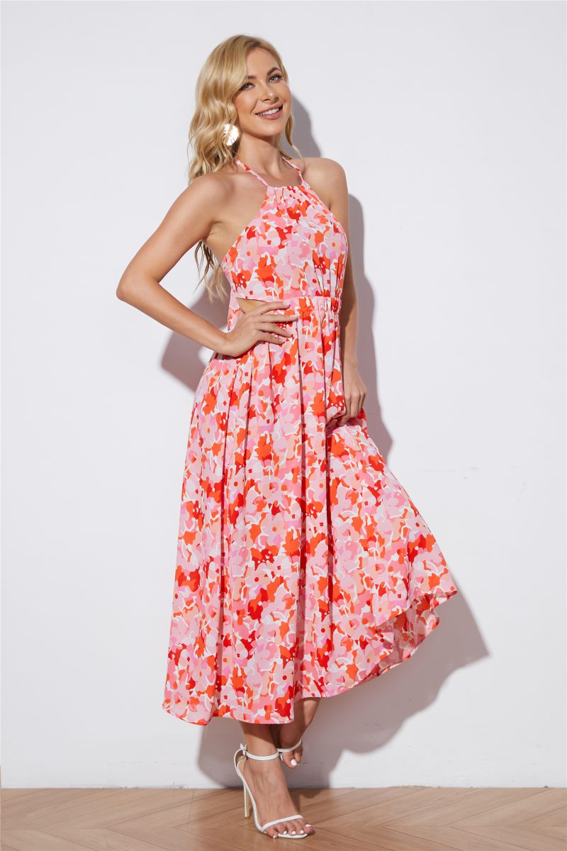 Boho Vacation Print Long Backless Halter Dress - Image 3