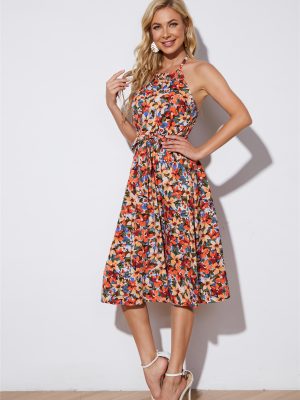 Printed High Waist Lace-Up Summer Dress