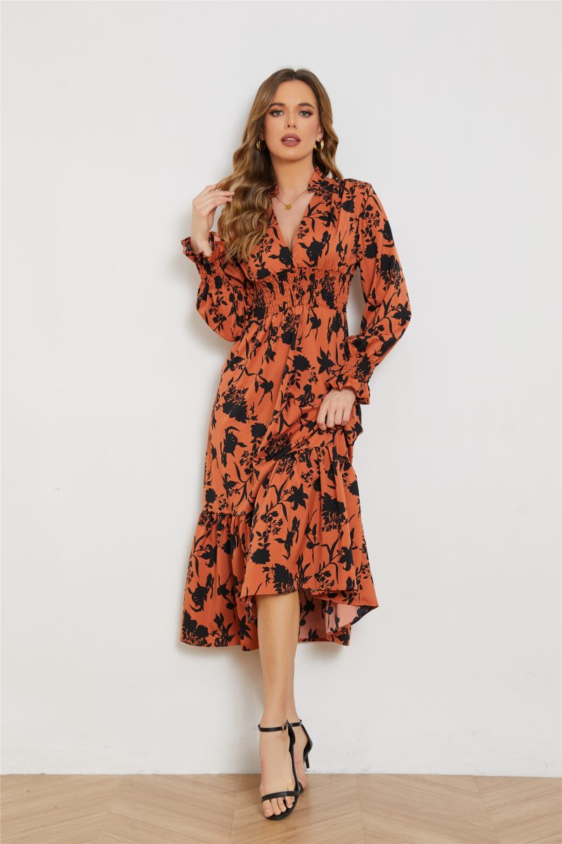 Elegant Floral V-Neck High Waist Long Dress