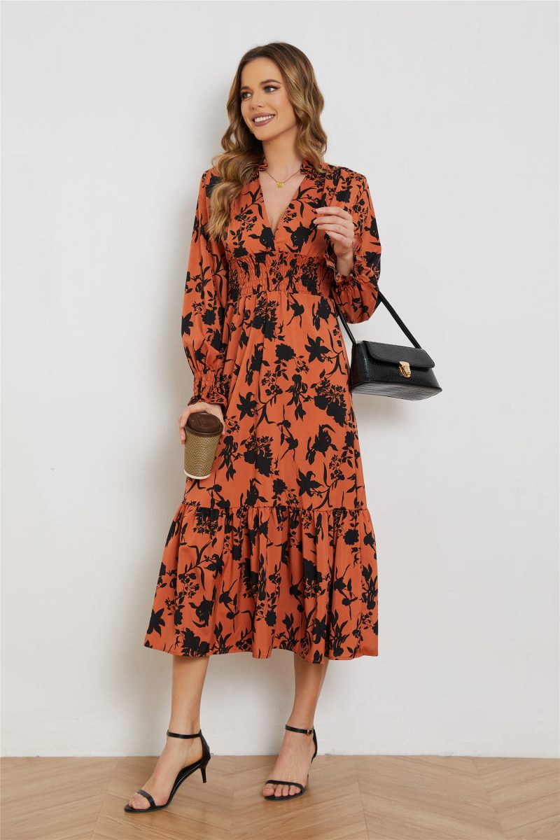 Elegant Floral V-Neck High Waist Long Dress - Image 2