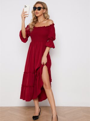 Elegant Off-Shoulder Solid Color Long Dress