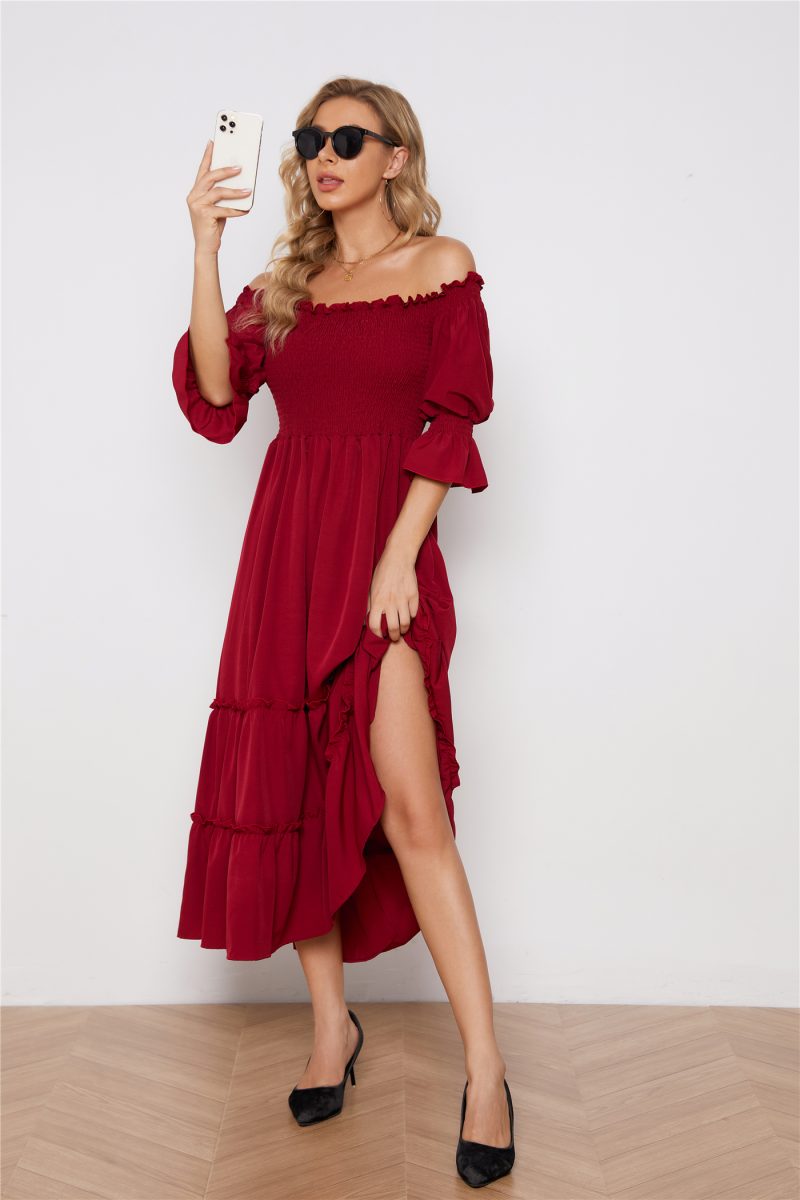 Elegant Off-Shoulder Solid Color Long Dress