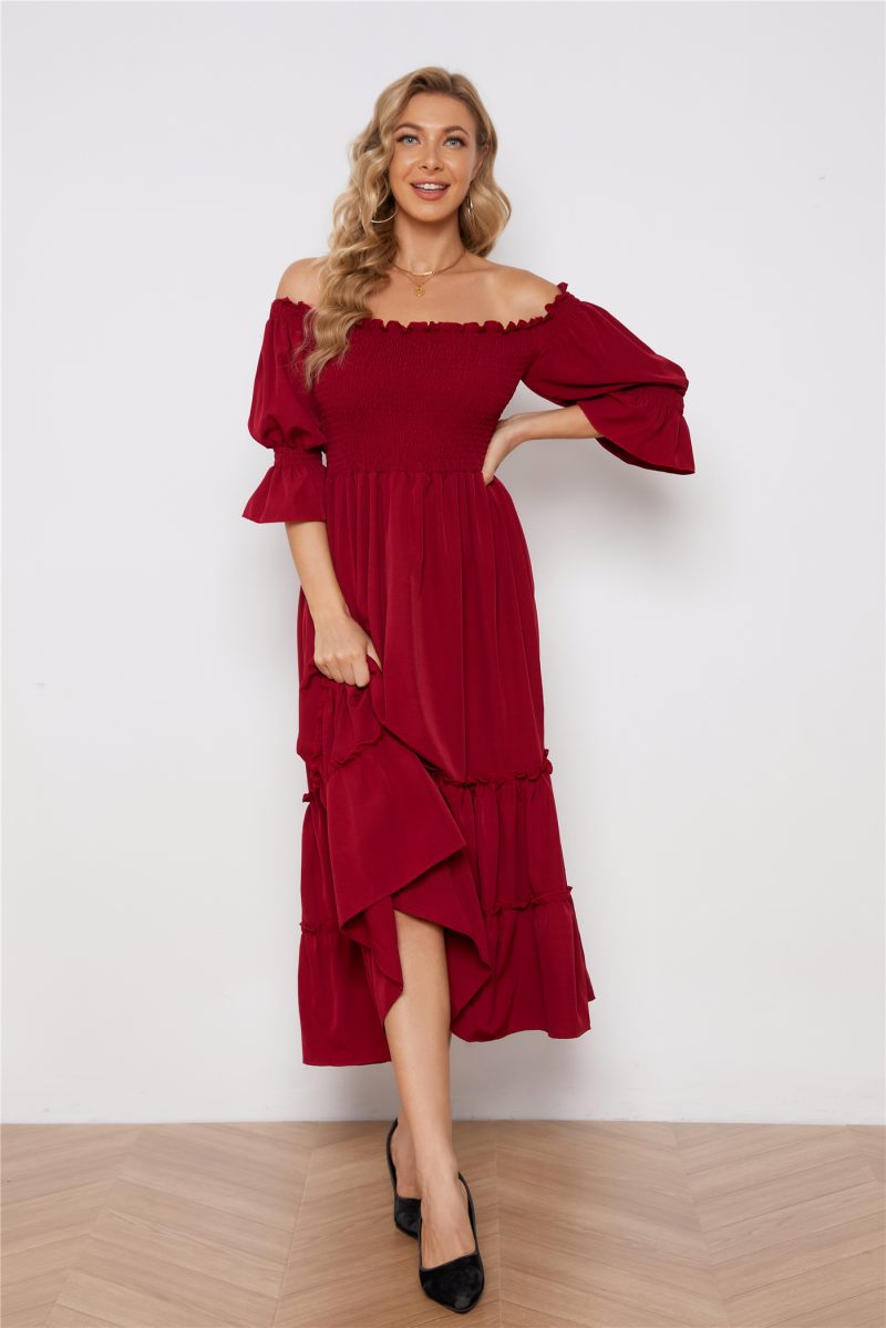 Elegant Off-Shoulder Solid Color Long Dress - Image 3