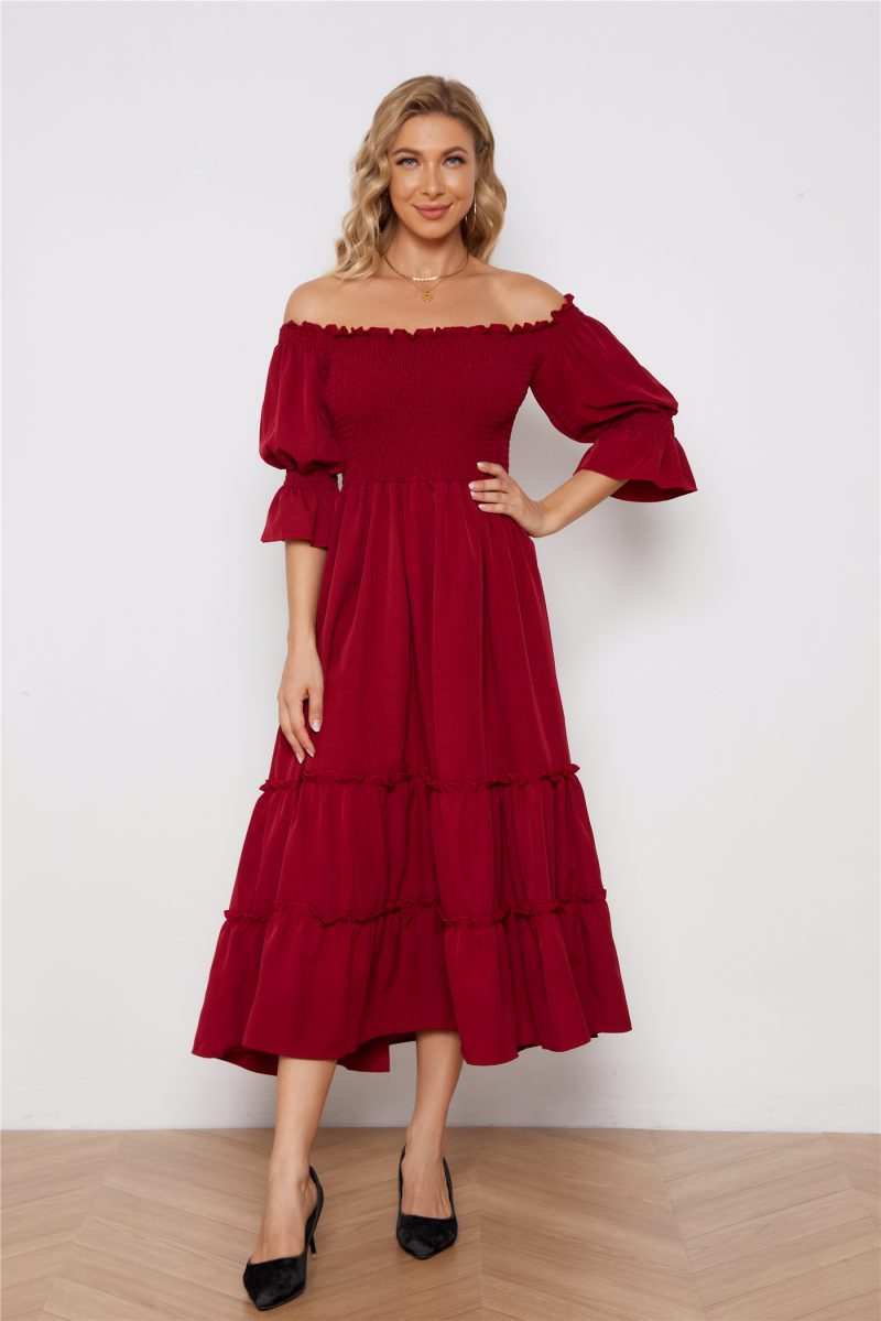 Elegant Off-Shoulder Solid Color Long Dress - Image 4