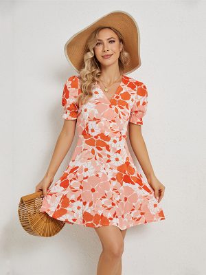 Women Summer Vacation Elegant V Neck Print Dress