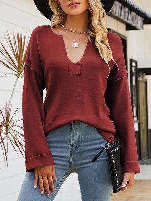 Stylish V-Neck Roll Sleeve Sweater