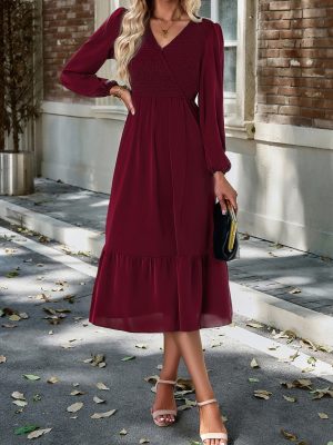 V Neck Smocking Solid Color Dress