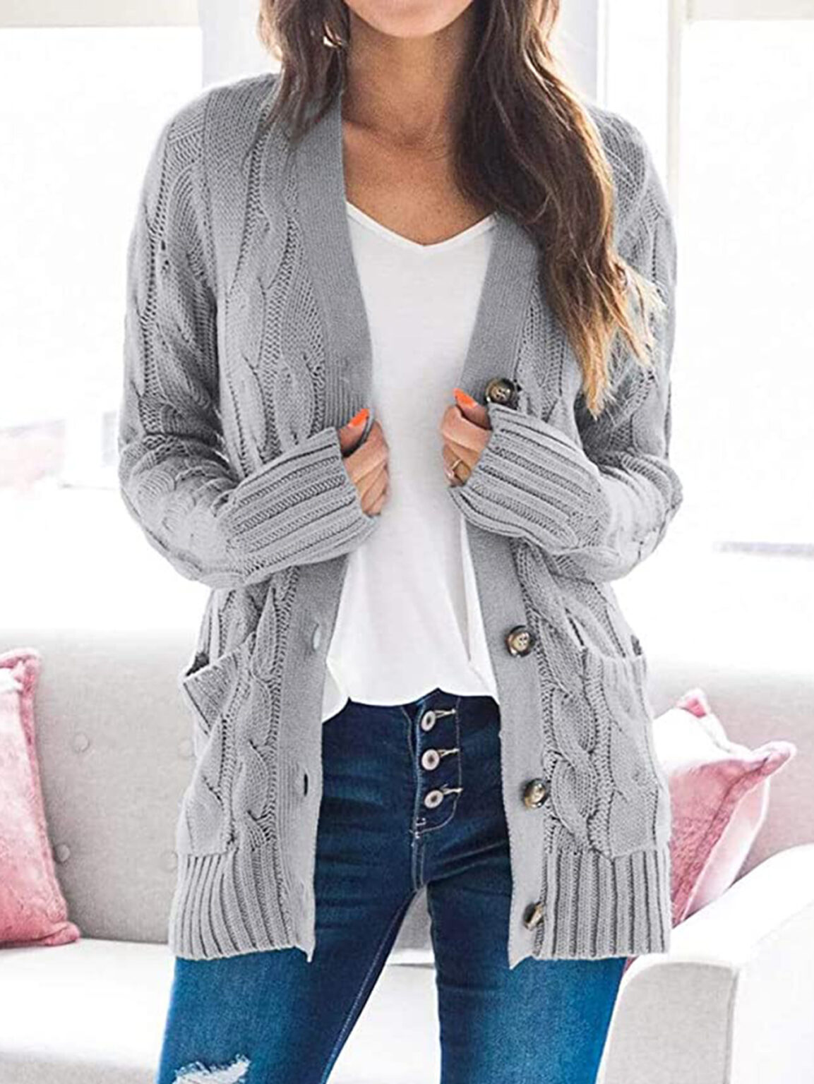 Chic Solid Color Twist Button Cardigan Sweater Coat - Image 4