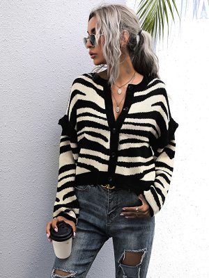 Zebra Pattern Knit Cardigan Women