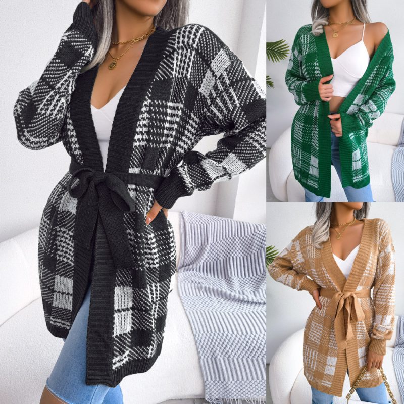 Plaid Lace-Up Lantern Sleeve Cardigan - Image 4