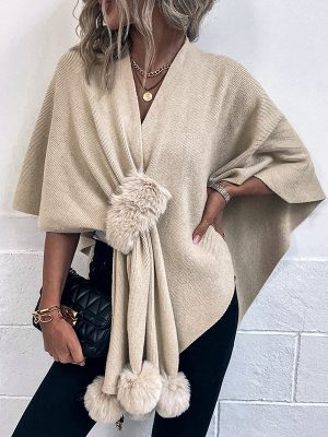 Solid Color Fur Ball Cape Sweater for Women