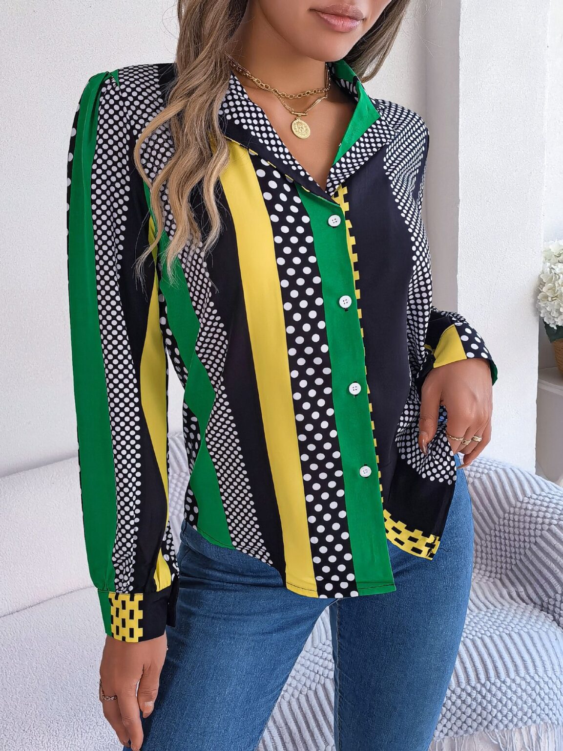 Contrast Color Polka Dot Collar Long Sleeve Shirt - Image 4