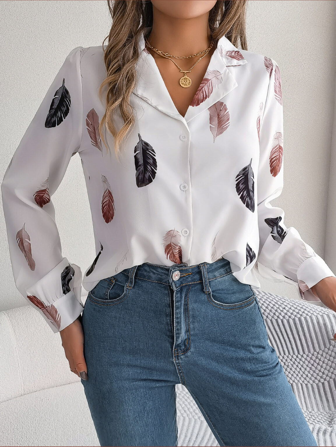 Feather Printed Suit Collar Long Sleeve Shirt - Image 6