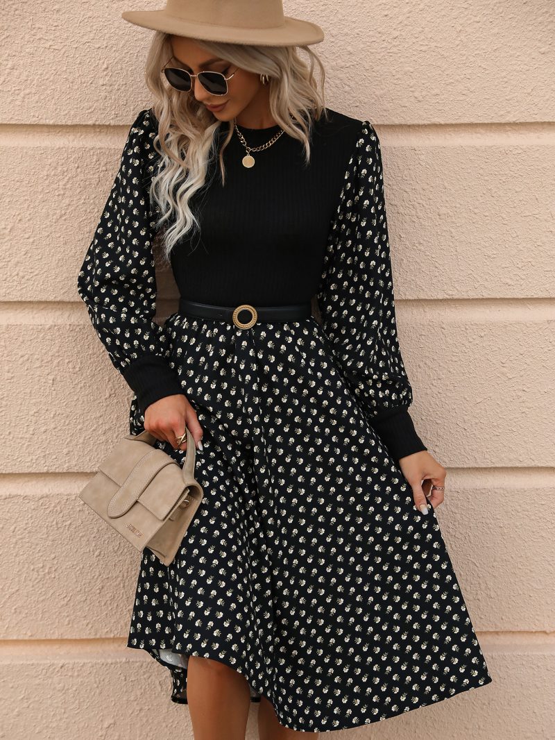 Printed Long Sleeve Waist-Trimming Women's Round Neck Dress - Image 3