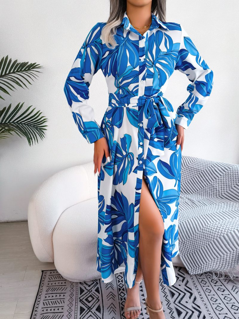 Contrast Color Floral Collared Tied Maxi Shirt Dress - Image 2
