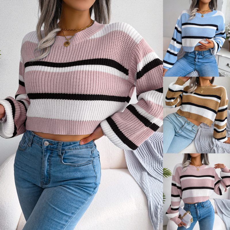 Casual Striped Long Sleeve Cropped Knitted Sweater - Image 2