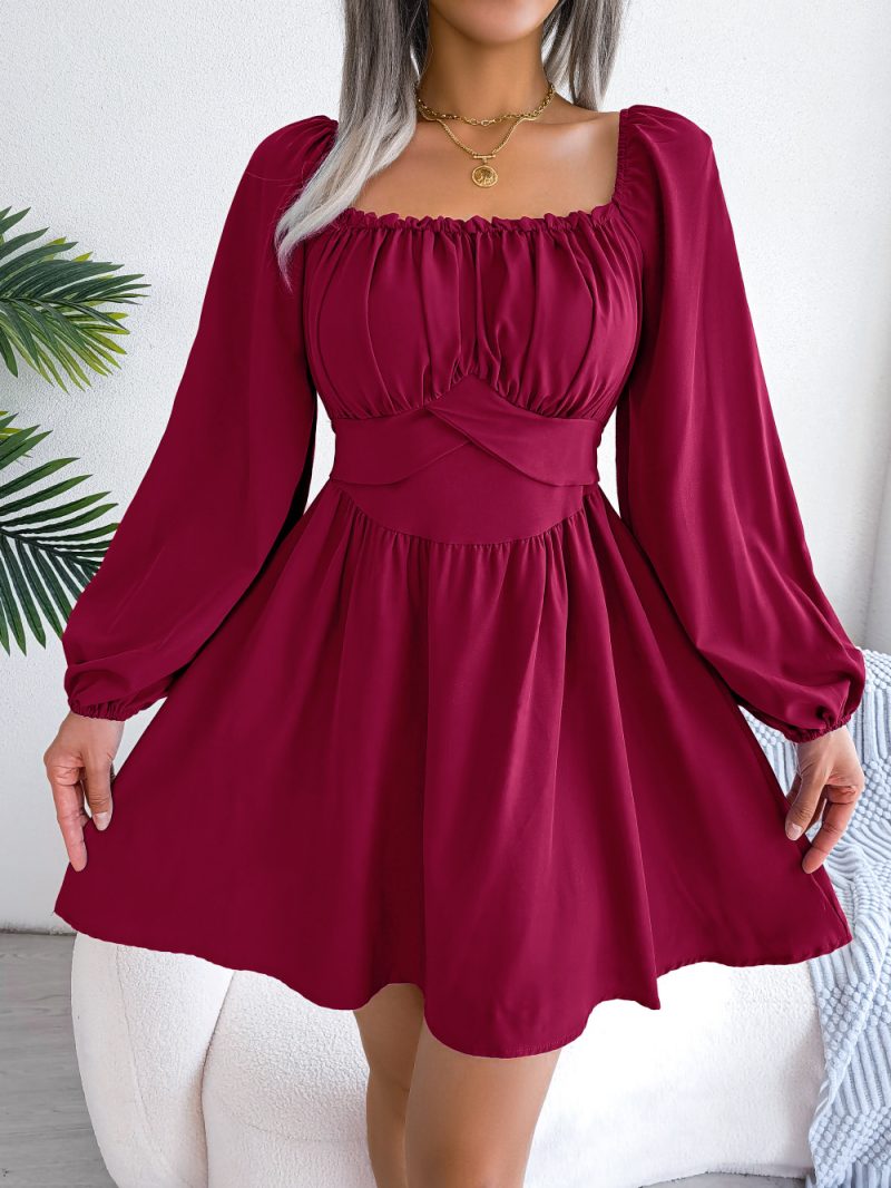 Casual Solid Color Square Neck Cinched Swing Dress - Image 2