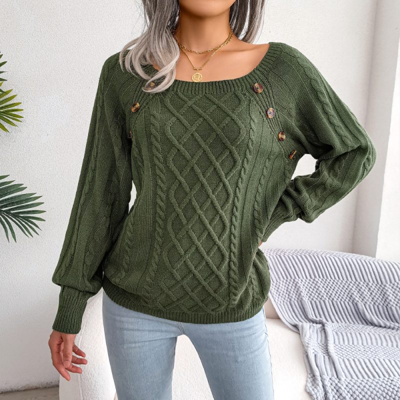 Square Collar Twist Knit Pullover - Image 9