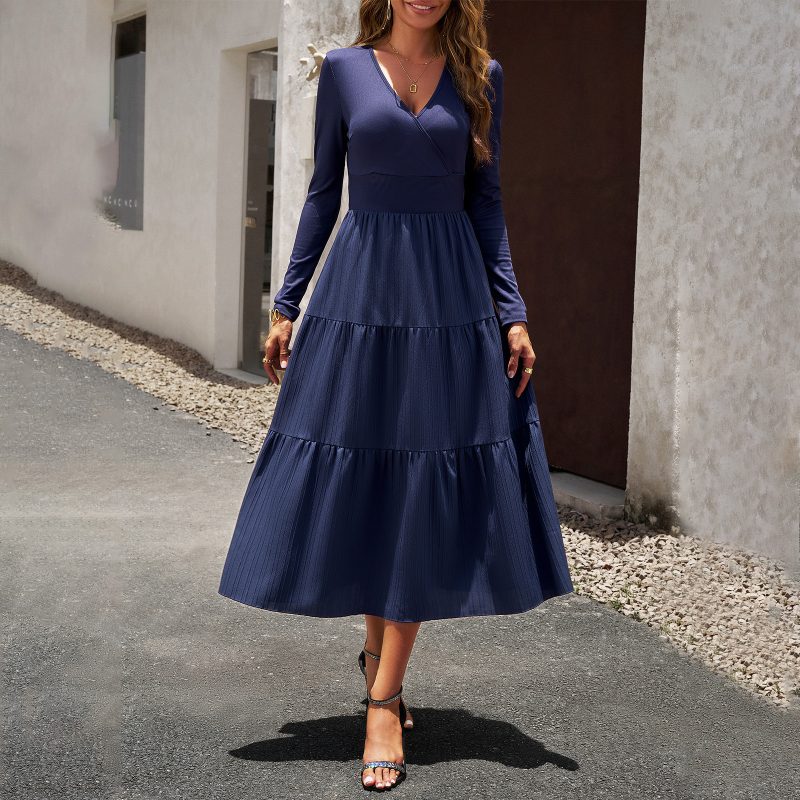 Autumn Dress Office V neck Long Sleeve Pleated Elegant Dress - Image 3