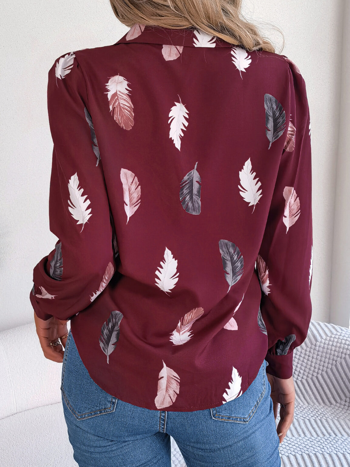 Feather Printed Suit Collar Long Sleeve Shirt - Image 8