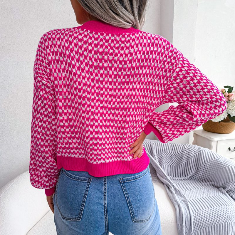Contrast Check Lantern Sleeve Cardigan - Image 4