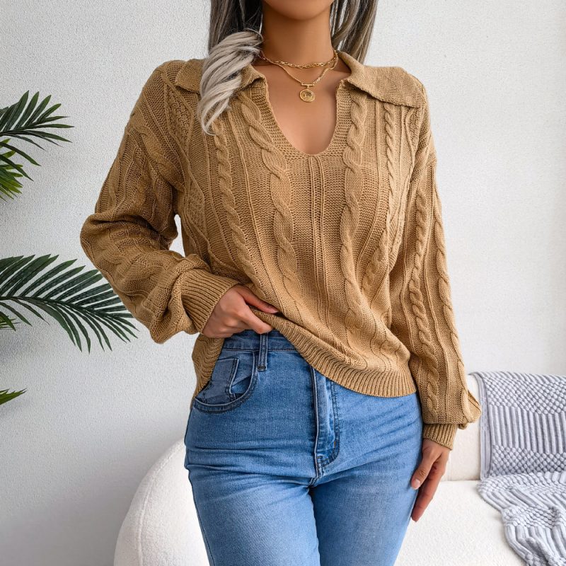 Collared Twist Lantern Sleeve Sweater - Image 3