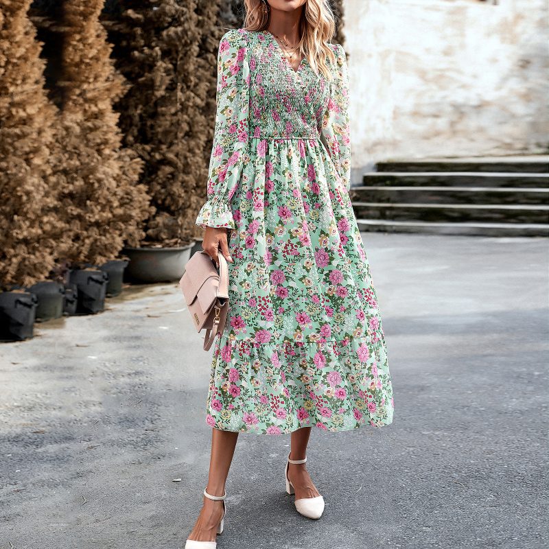 Elegant V-neck Printed Dress - Image 2