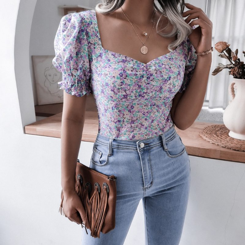Casual Square Collar Floral Chiffon Blouse - Image 4